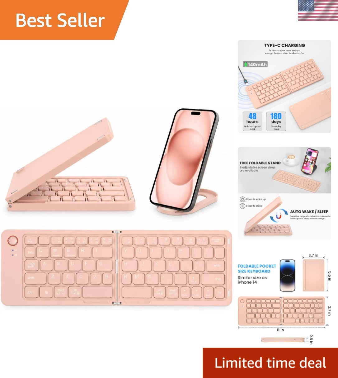 Mini Foldable Bluetooth Keyboard for Smartphones and Tablets, Pink