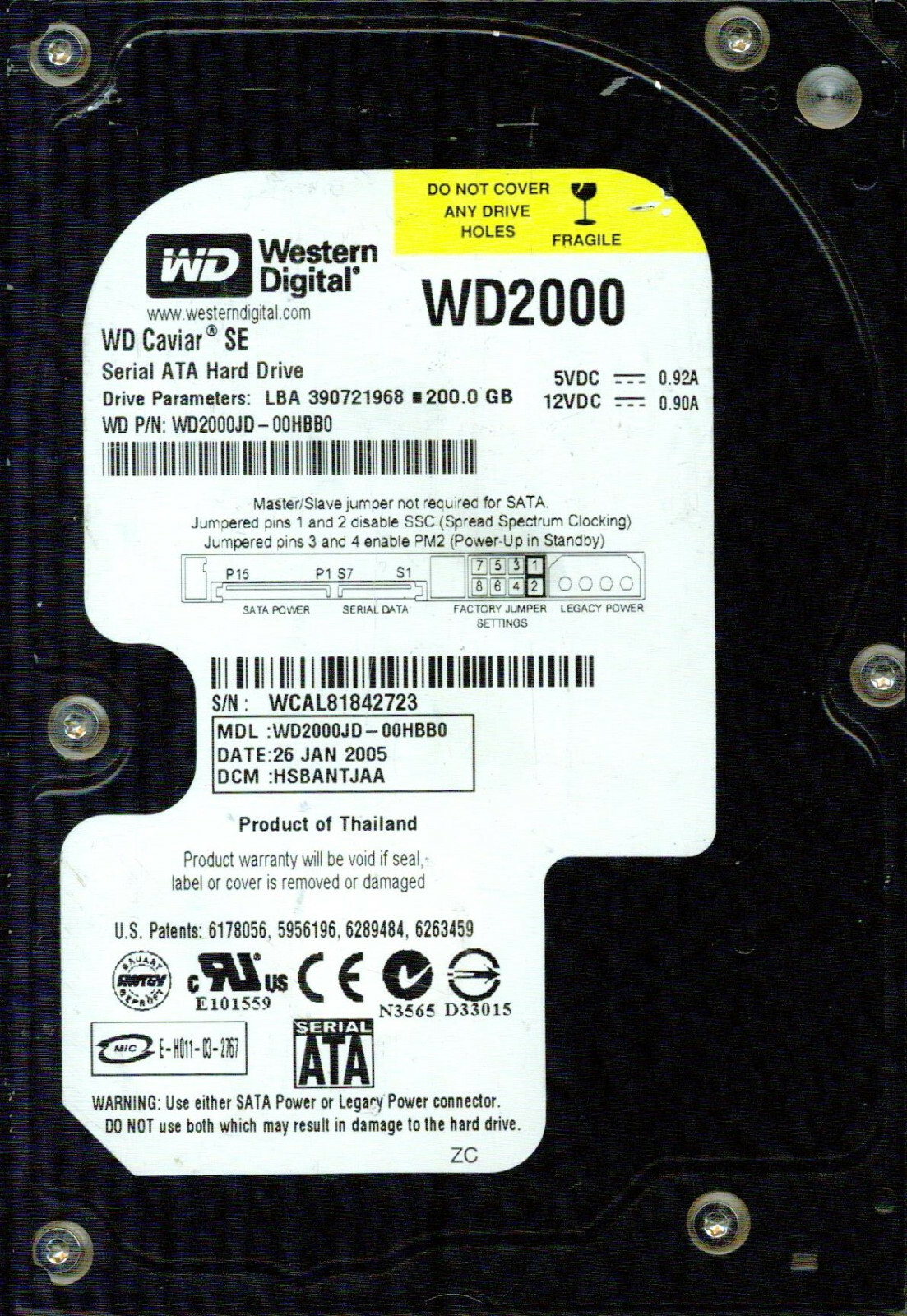WD2000JD-00HBB0 DCM: HSBANTJAA   WESTERN DIGITAL SATA 200GB JAN 2005 WCAL