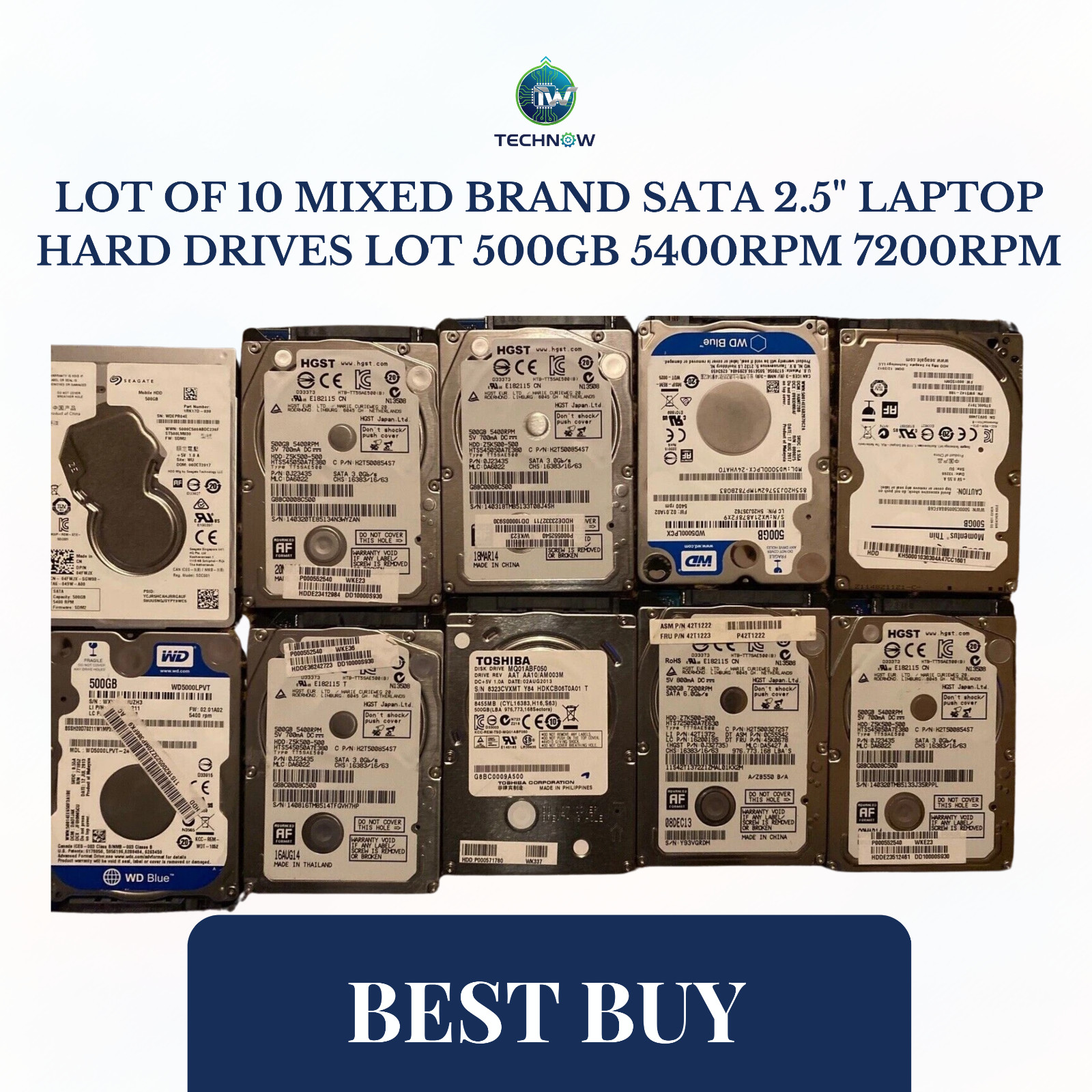 Lot of  10 mixed brand SATA 2.5" Laptop Hard Drives Lot 500GB 5400rpm 7200rpm