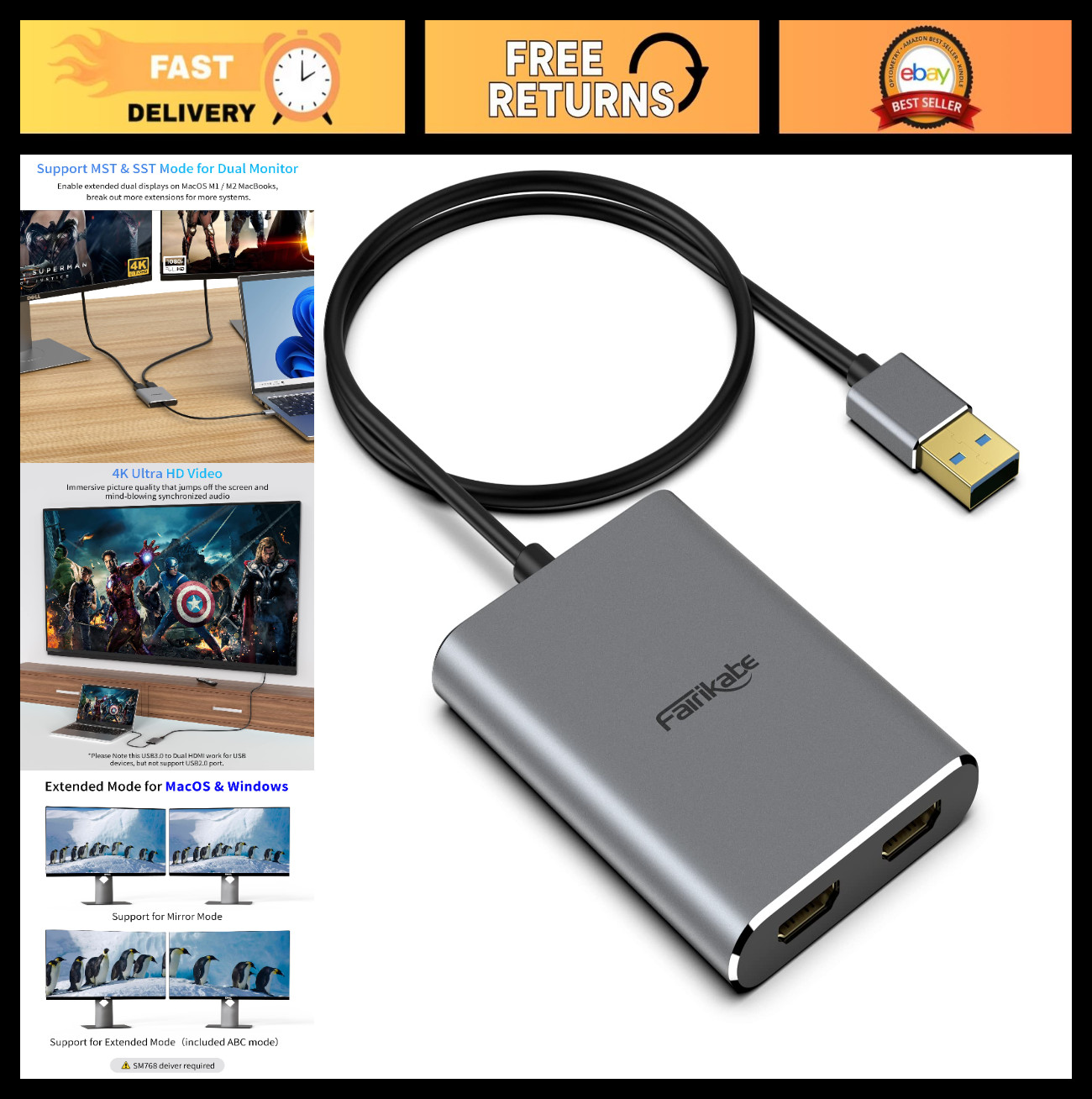 USB 3.0 Dual HDMI Adapter 4K 30Hz for Windows & Mac - High-Speed Video Output