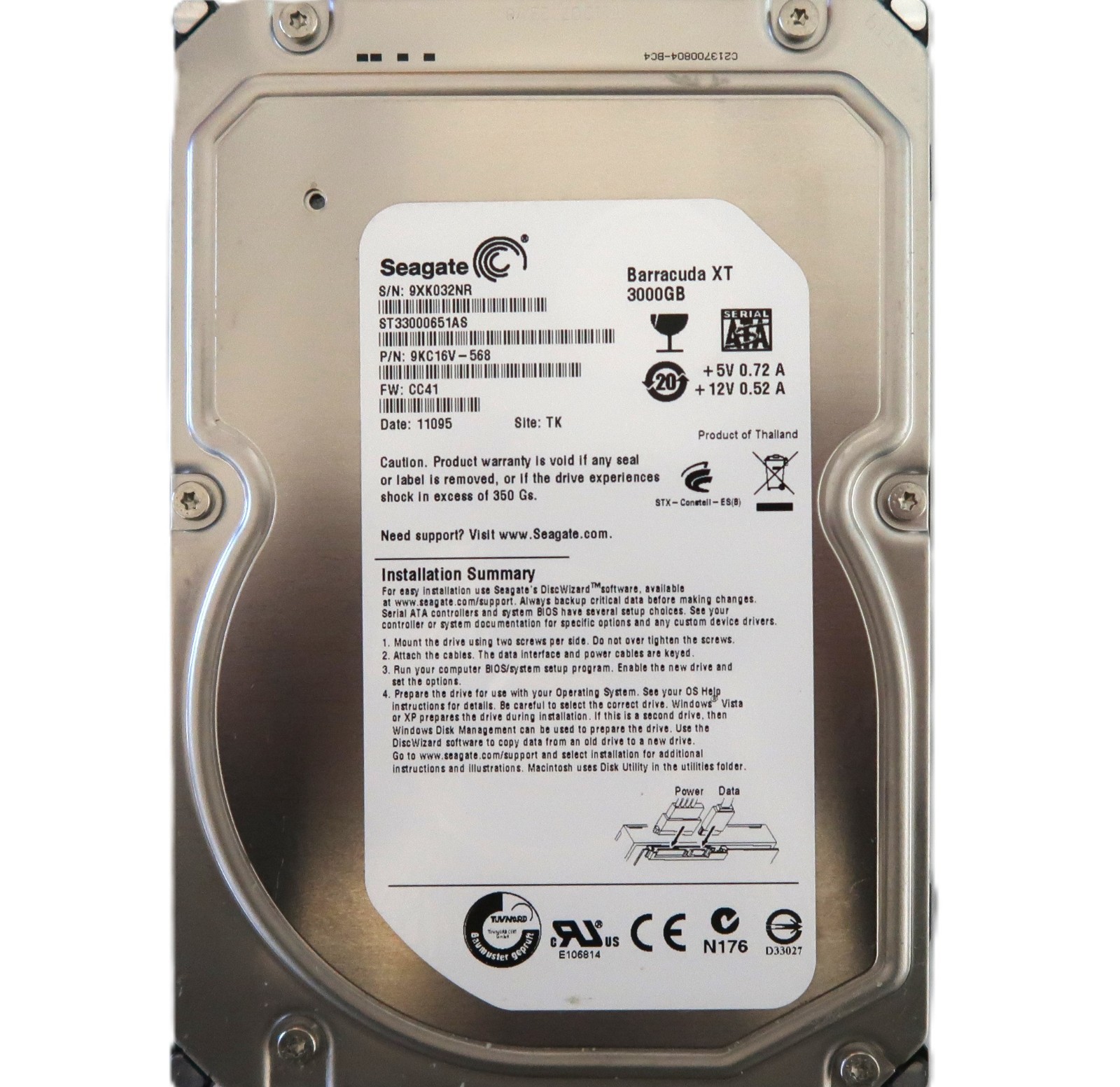 Seagate ST33000651AS 9KC16V-568 CC41 (9XK0) TK Thailand 3.5" 3.0TB Sata 09/2010