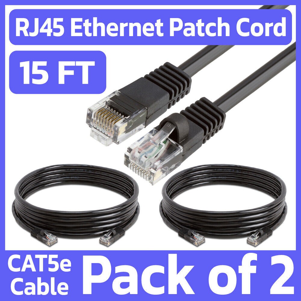 2 Pack Cat5e Cable Black 15FT Ethernet Patch Cord Lan Network Internet Wire RJ45