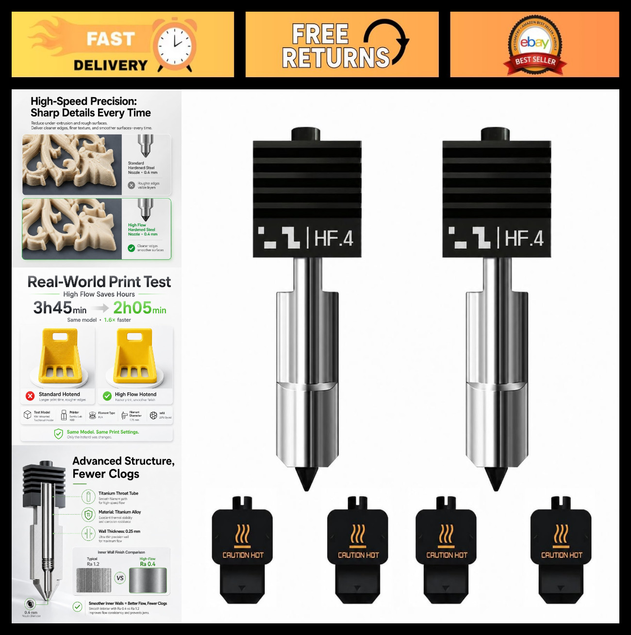 2-Pack 0.4mm Hardened Steel Nozzle Set for High-Speed 3D Printing - Enhanced Flo