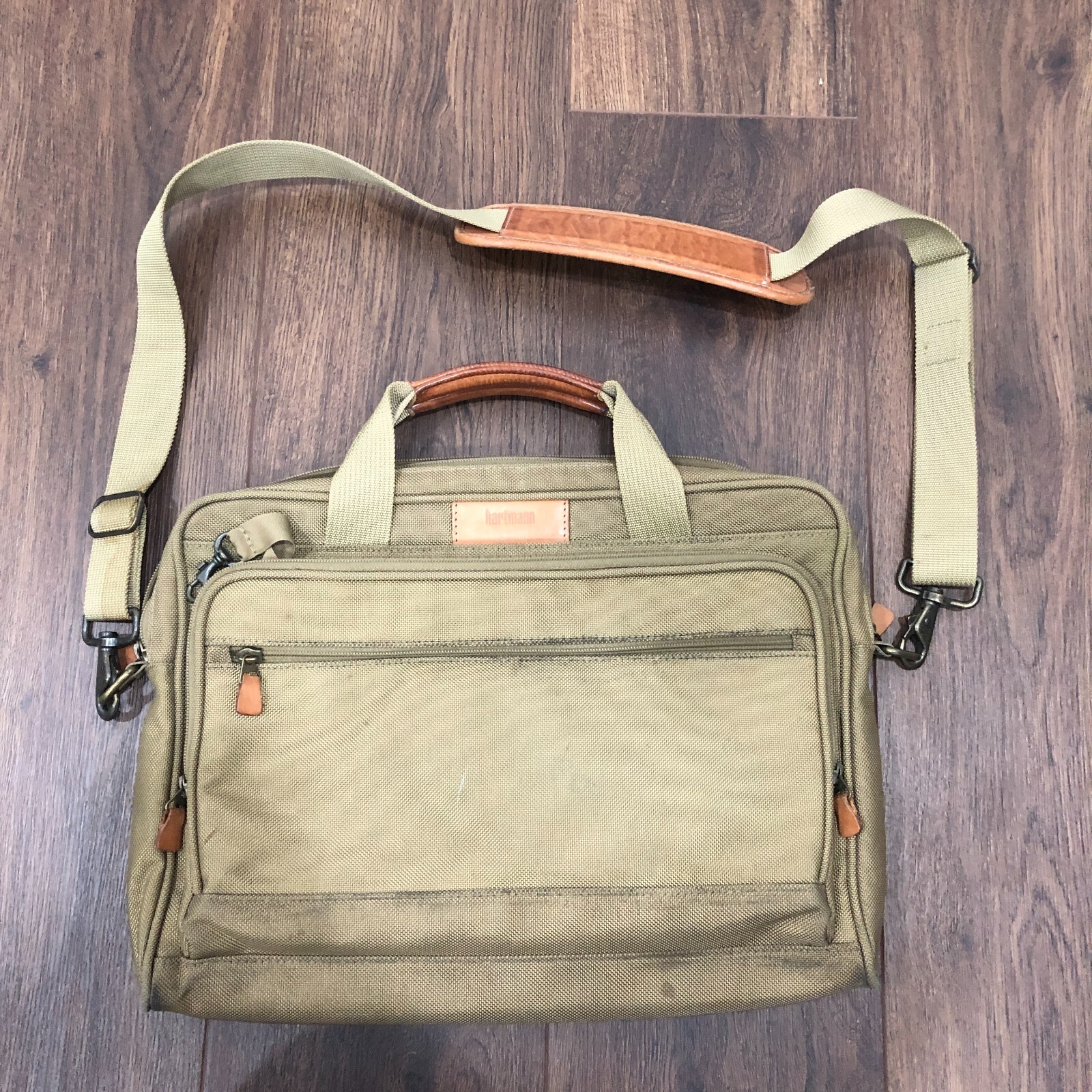 Hartmann Laptop Bag Nylon Tan Brown Leather Trim Shoulder Strap Crossbody