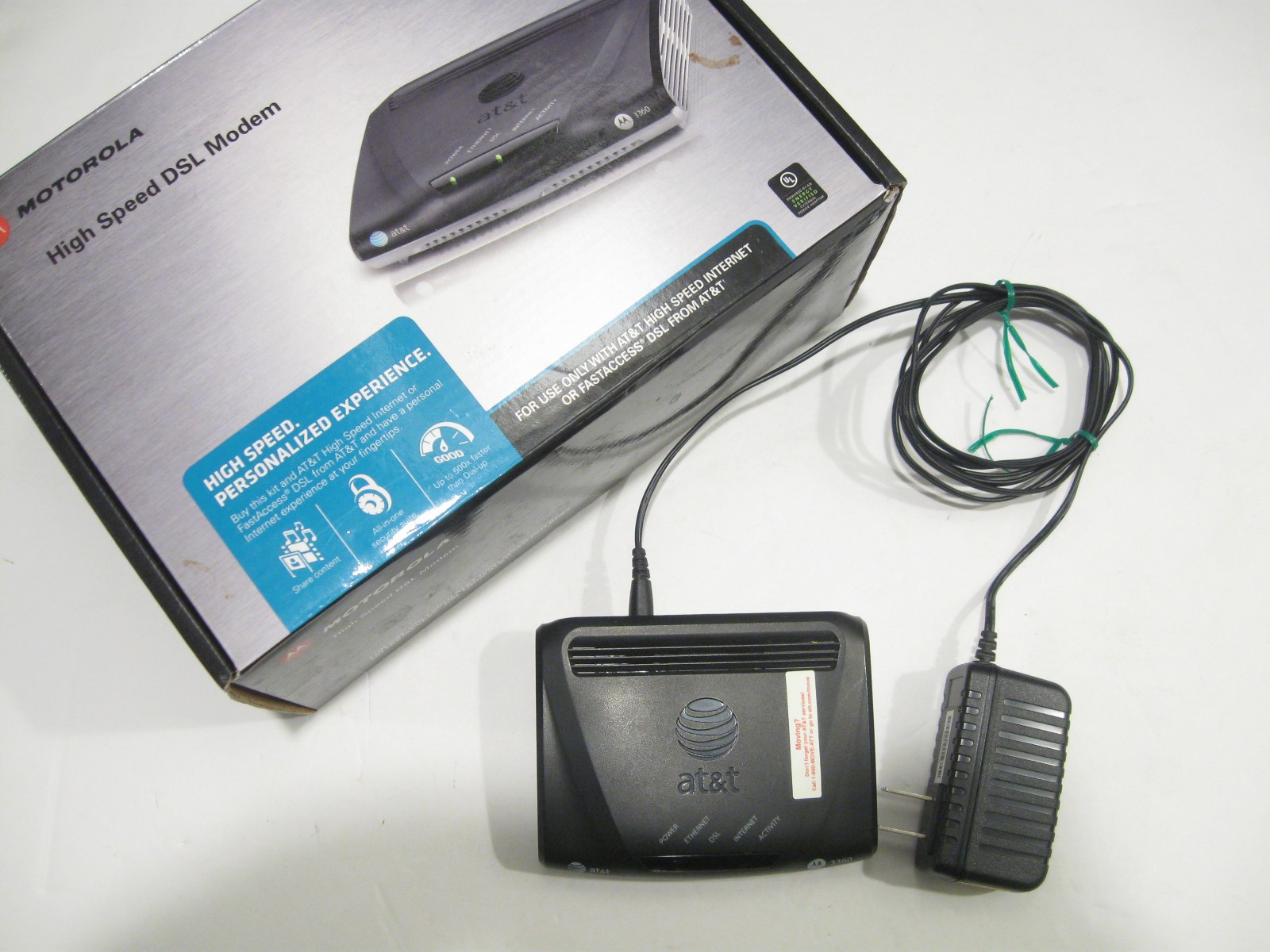 AT&T  High Speed DSL Modem, power cord, and box: 3360, 58111-003-00
