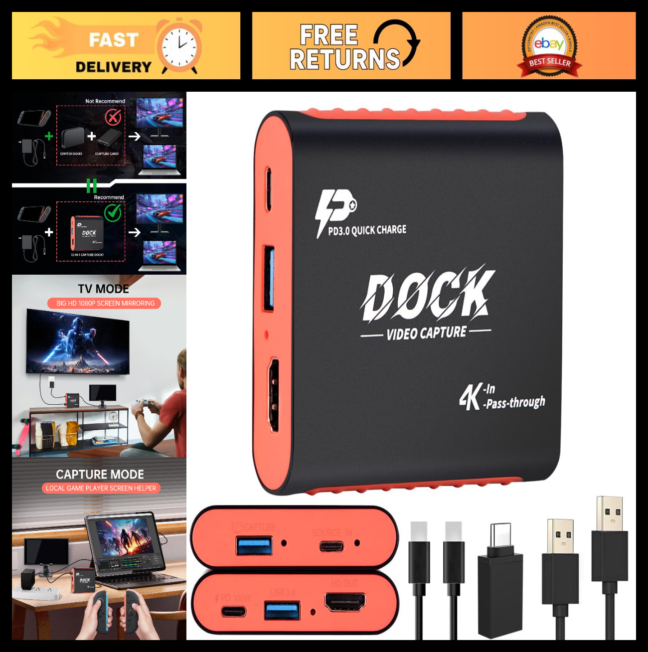 2-in-1 USB-C Dock Capture Card for Switch 2 & OLED, 1080P 60FPS, 4K HDMI Output