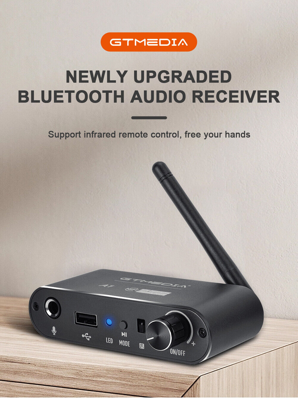 GTMEDIA A1 Bluetooth 5.2 Receiver Audio Coaxial to Aux U Disk Play w/IR Remote