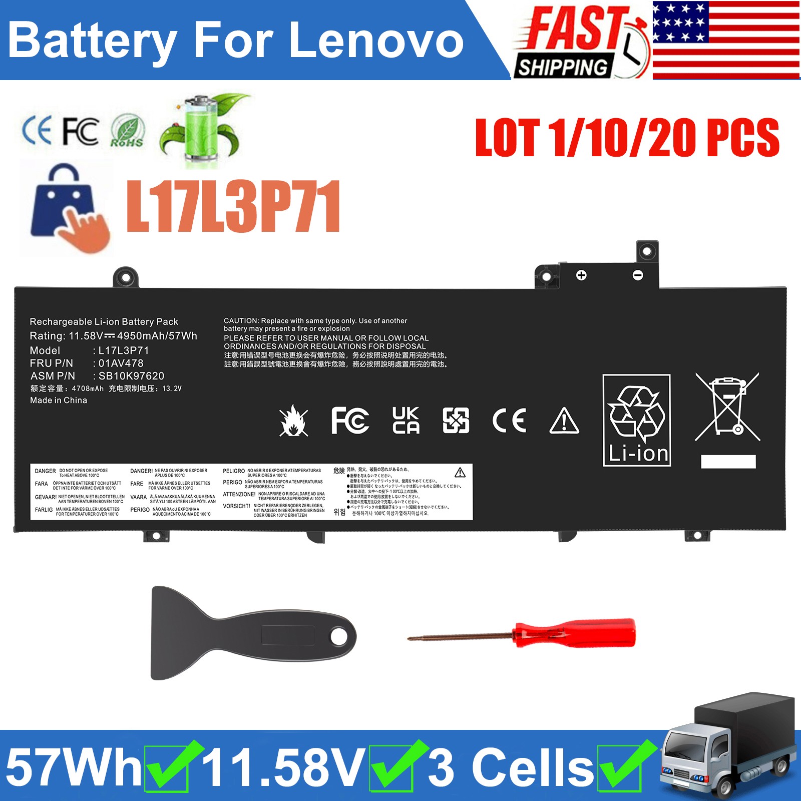 Lot 01AV478 Battery For Lenovo ThinkPad T480s 01AV479 01AV480 L17L3P71 L17M3P71