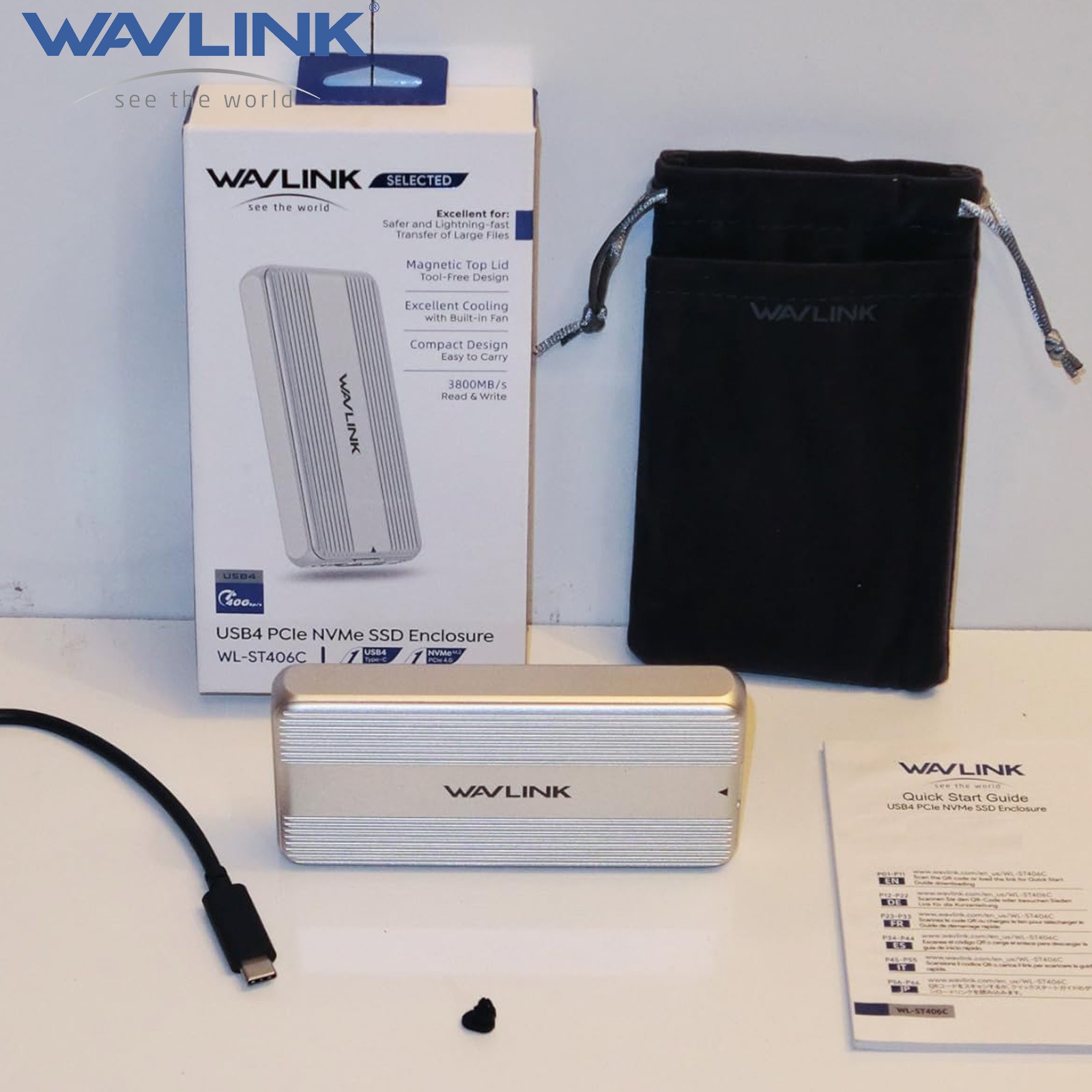 WAVLINK 40Gbps USB4 PCIe NVMe SSD Enclosure for B+M/M-Key PCIe SSD Built-in Fan