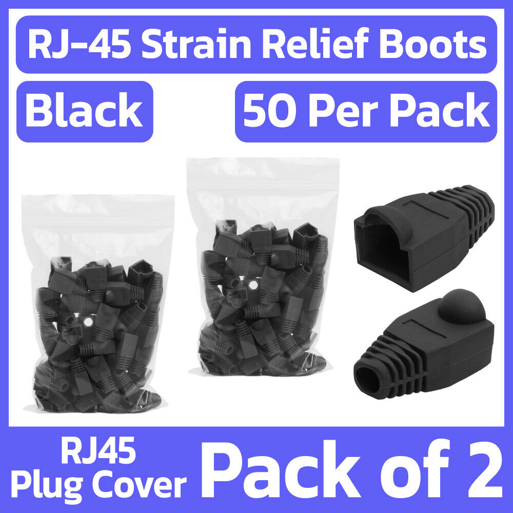 2 Pack 50 Pcs RJ45 Plug Strain Relief Boot Cat5e Cat6 Connector Cover Cap Black