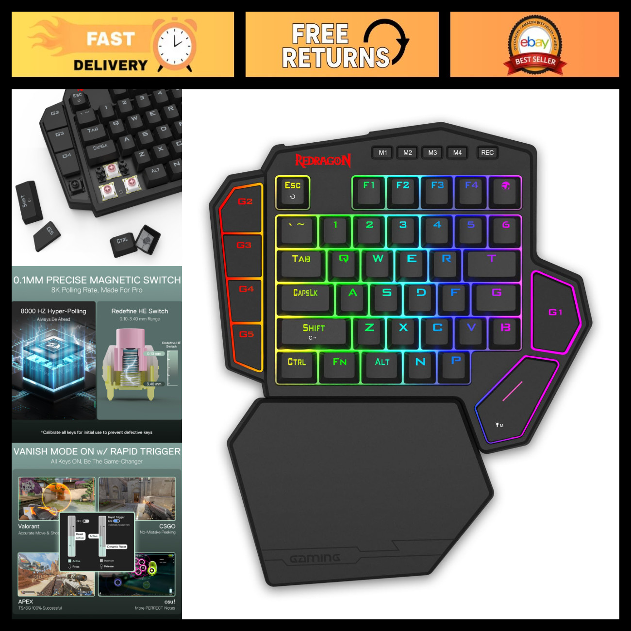 One-Handed RGB Gaming Keypad - Wired Rapid Trigger Magnetic Mechanical Keys