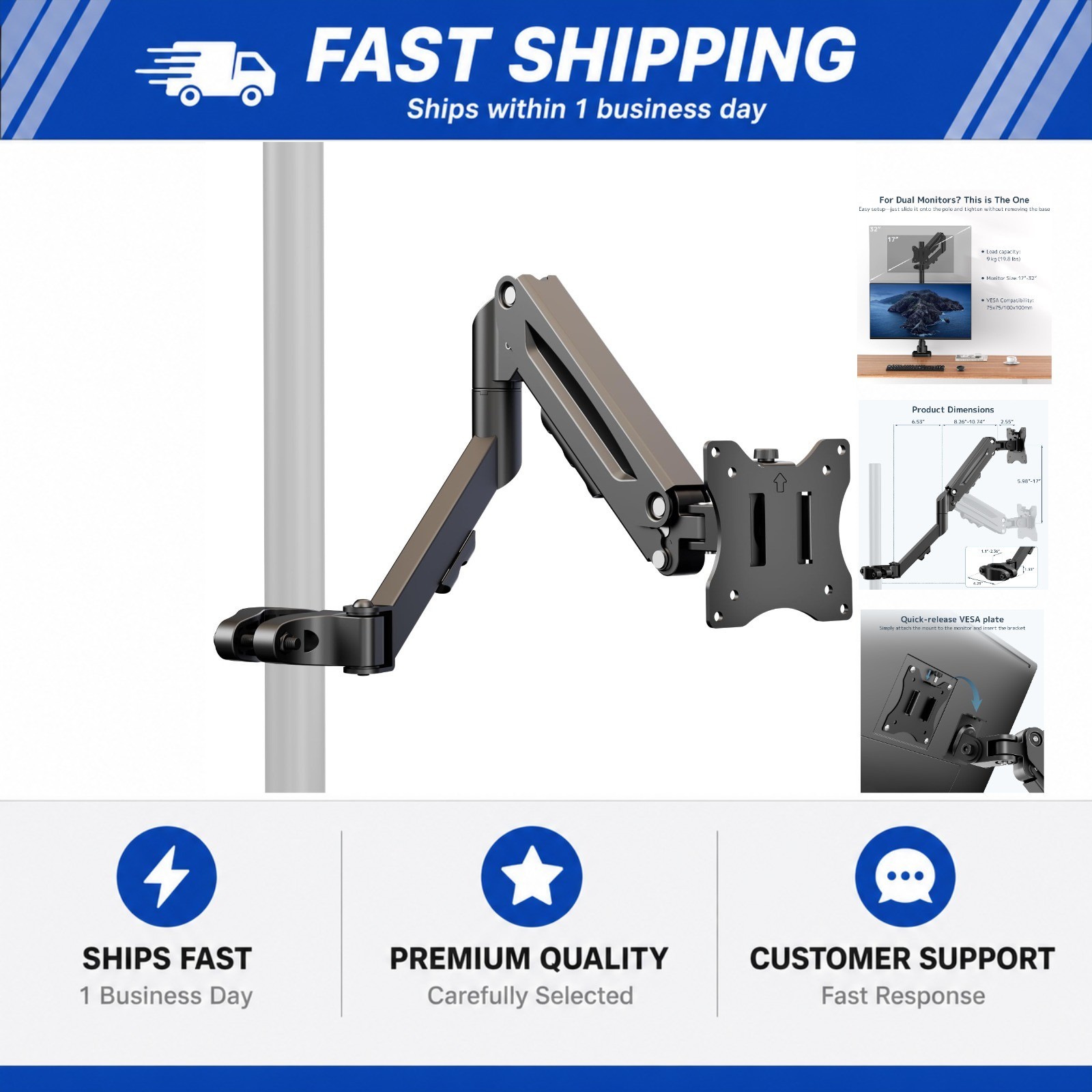 Height Adjustable Pole Mount Monitor Arm for 17"-32" with Gas Spring