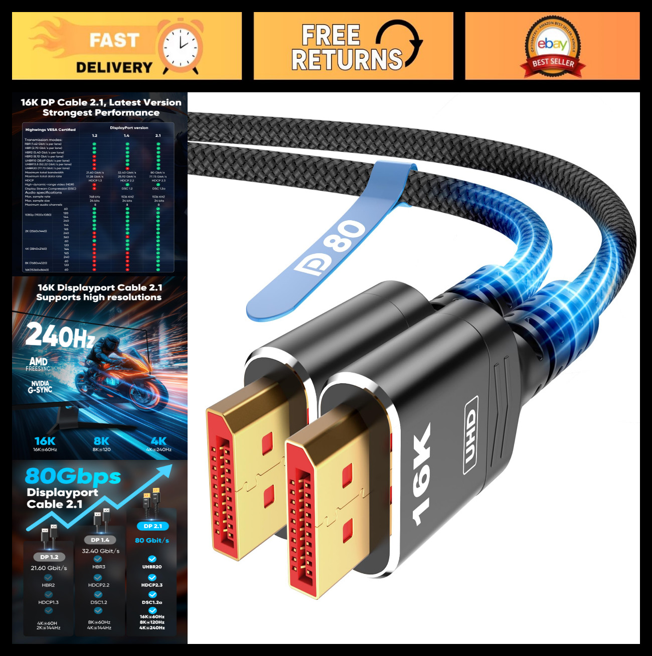 10FT DisplayPort 2.1 Cable, 80Gbps, 16K@60Hz, 8K@120Hz, 4K@240Hz - Ultra High Sp