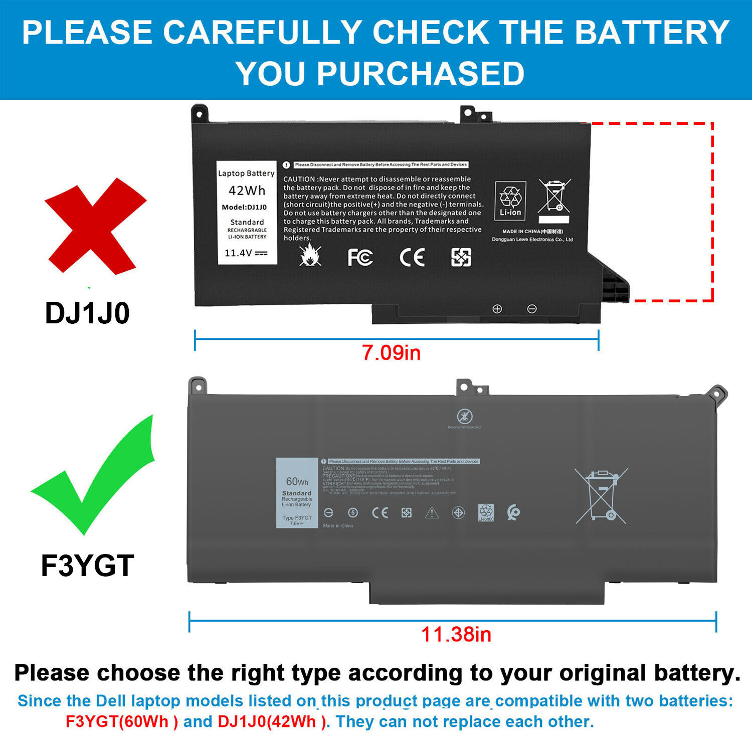 USA F3YGT Battery For Dell Latitude 12/13/14 E7280 E7290 E7380 E7390 E7480 E7490