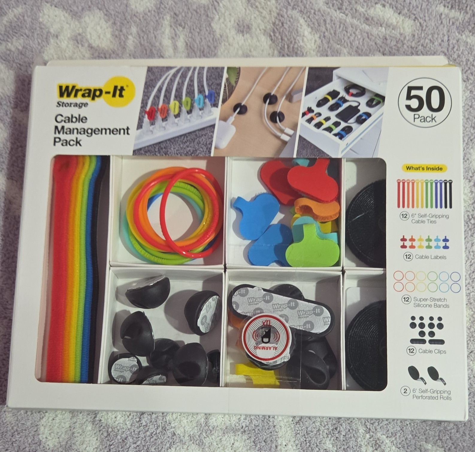 Wrap-It 50-Pack Cable Management Pack w/ Self-Gripping Ties, Labels & Clips