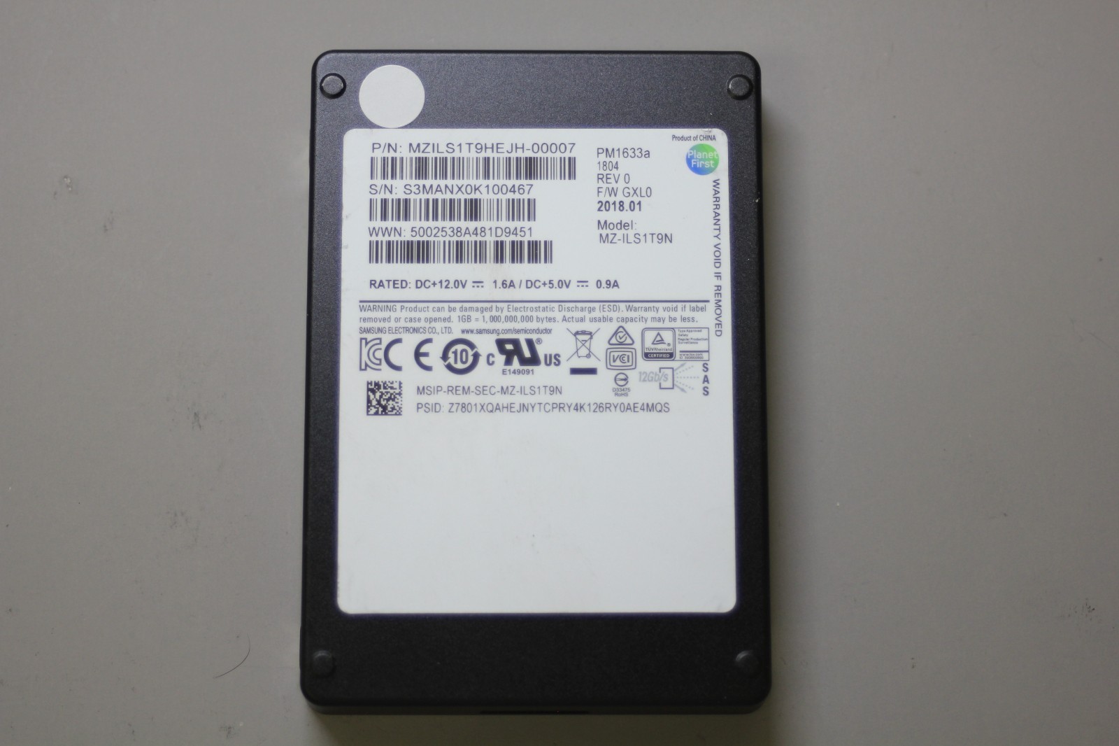 Samsung PM1633a 1.92TB SSD EMC SAS 12Gb/s SSD MZILS1T9HEJH-00007 - 100% Health