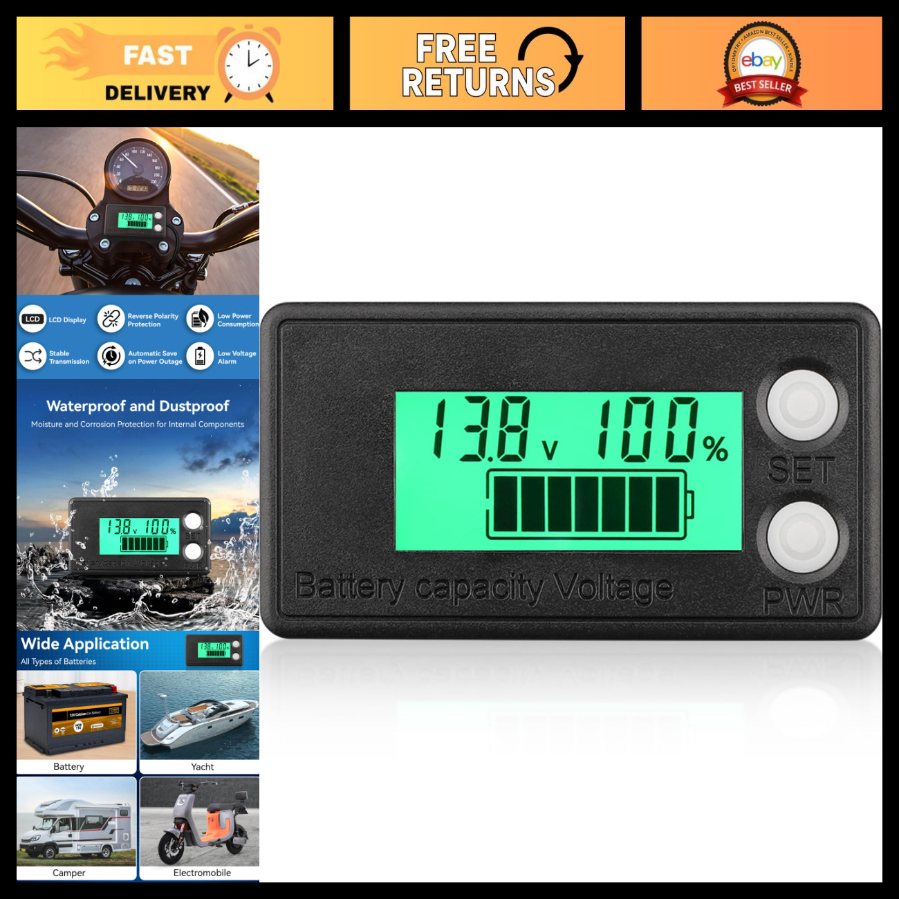 Waterproof Battery Monitor 8-100V LCD Display Capacity Tester for Car RV Marine