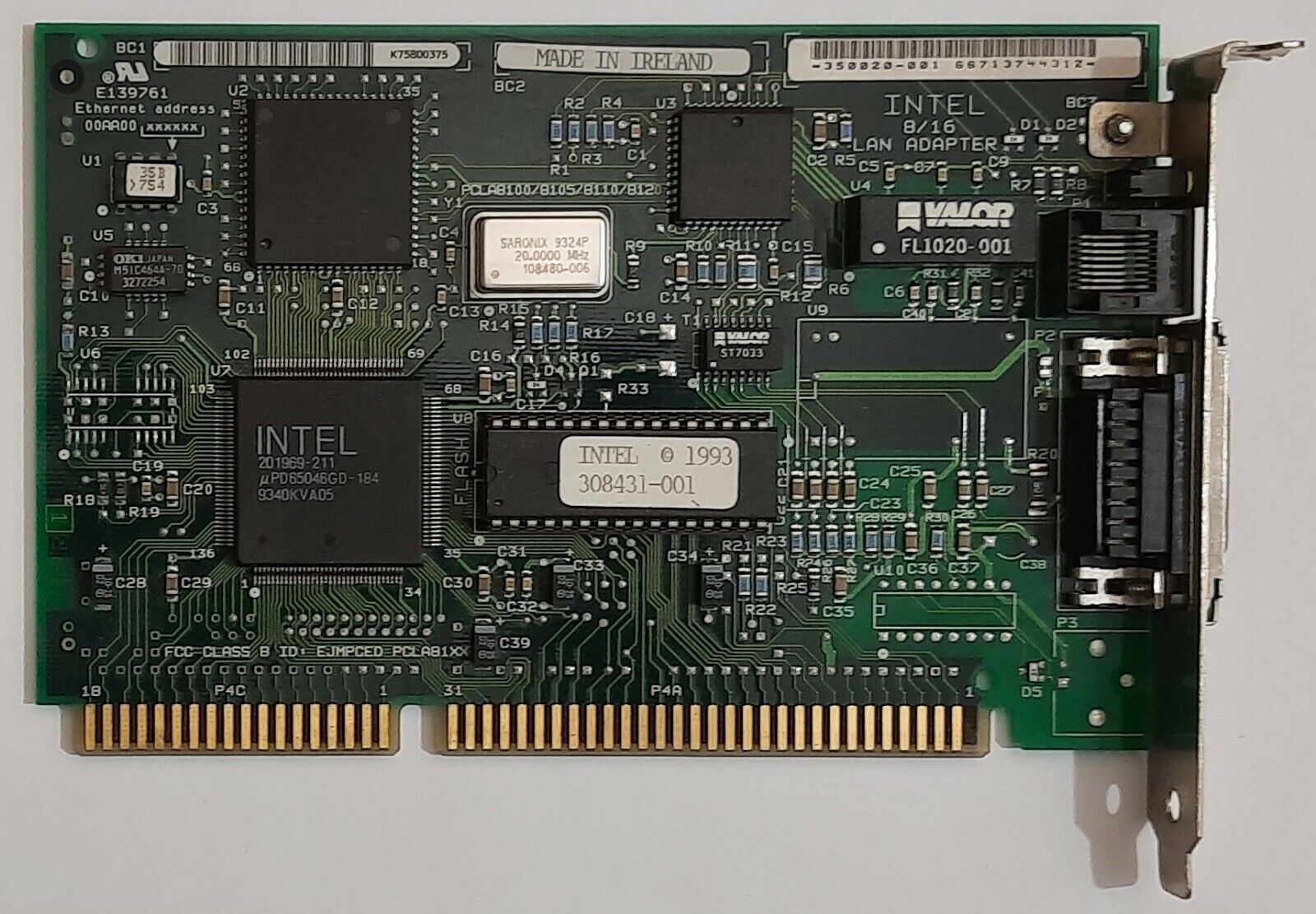 Intel 8/16 LAN Adapter ISA Network Card (RJ45, Retro, 1993)