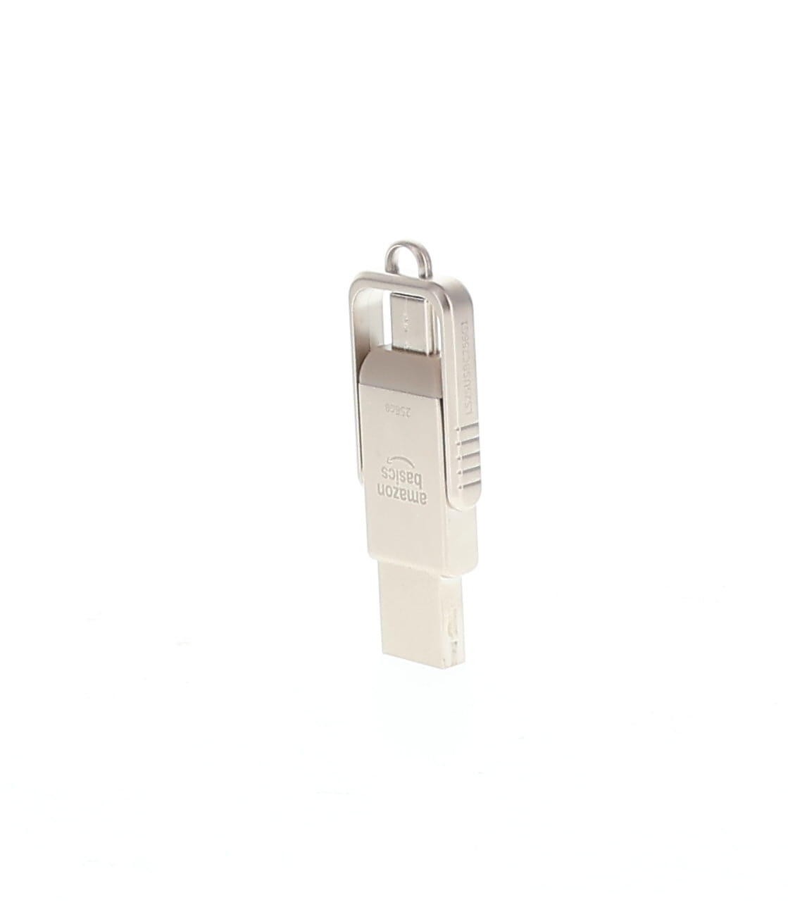 Amazon Basics 256GB USB-C USB-A Dual Port Flash Drive Memory Stick Silver