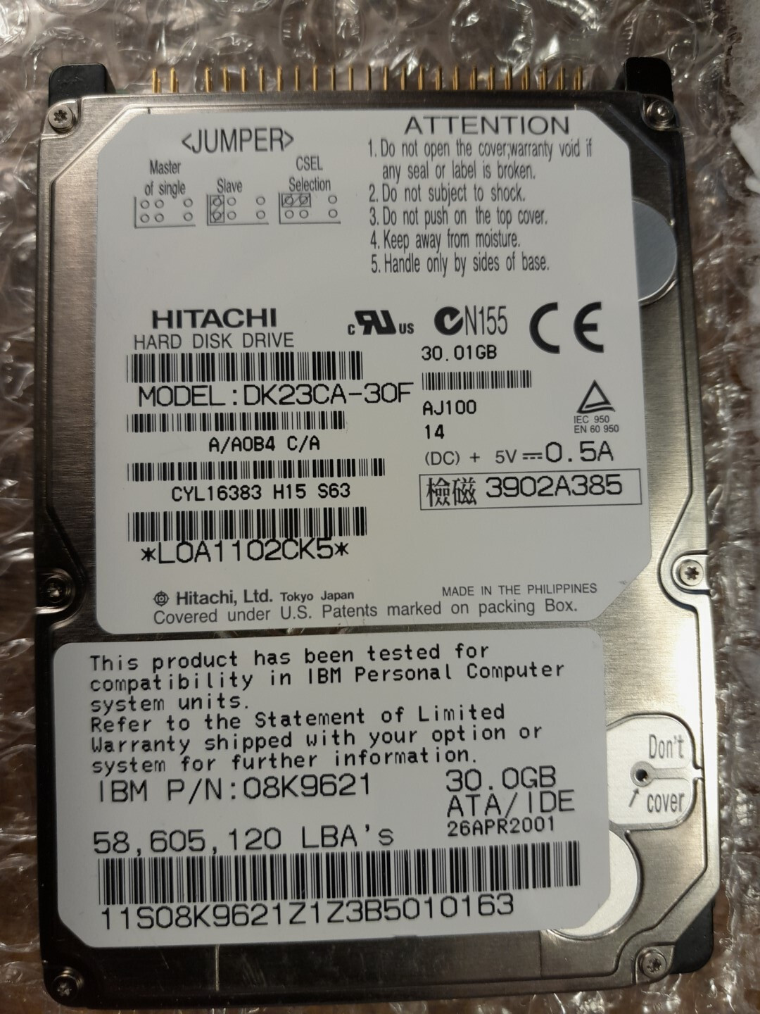IBM HITACHI DK23CA-30F 30GB 2.5" INCH NOTEBOOK LAPTOP HDD HARD DRIVE HARD DISK