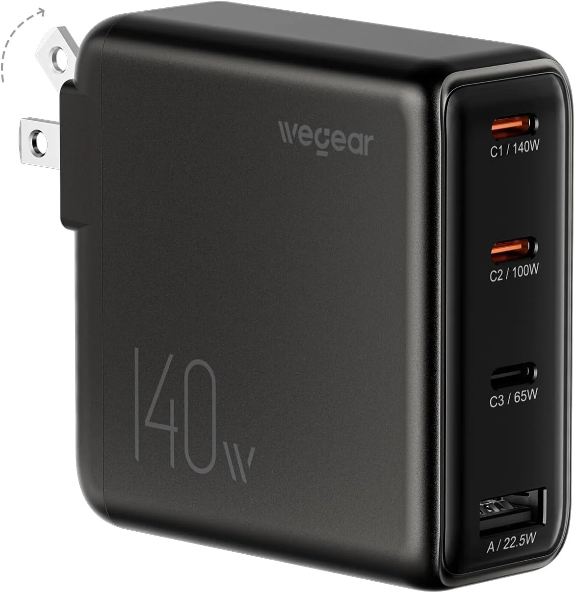 wegear 140W USB-C Charger for Laptop, Slim 4-Port PD 3.1 GaN Block-Black