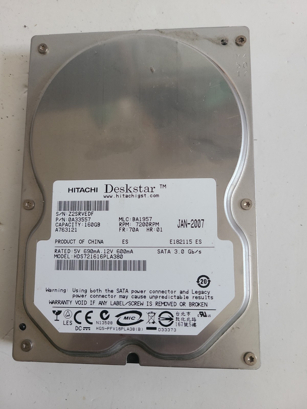 Hitachi Deskstar HDS721616PLA380 160 GB 3.5" SATA Hard Drive HDD