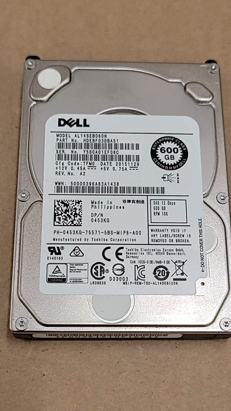 Dell 453KG 0453KG Toshiba 600GB 2.5” 10K 12G SAS HDD AL14SEB060N 0453KG