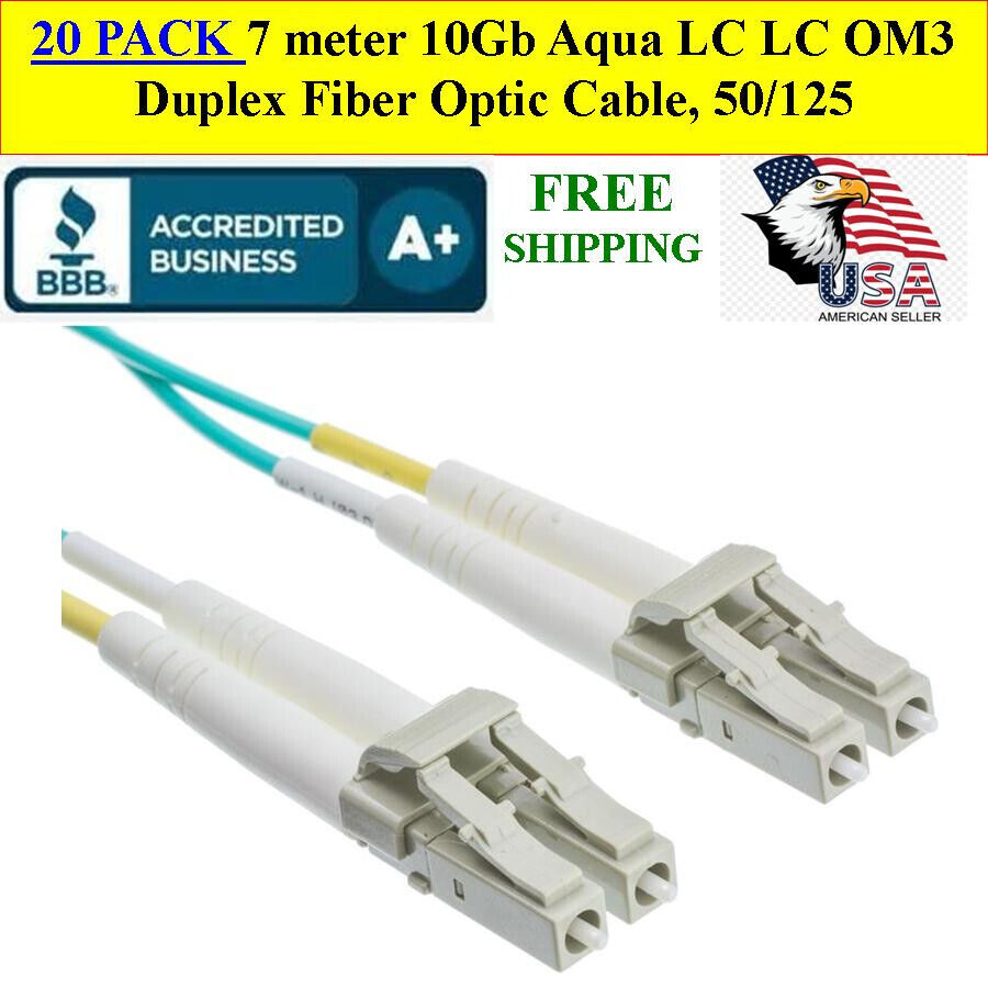 20 CABLES 7 meters 10Gb Aqua LC OM3 Duplex Fiber Optic Cable, 50/125