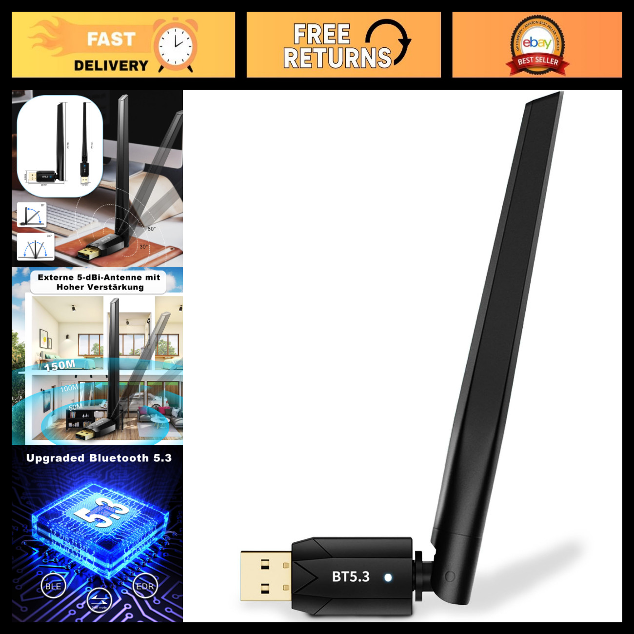 Long Range USB Bluetooth 5.3 Adapter for PC - 492FT Wireless Dongle, Plug & Play