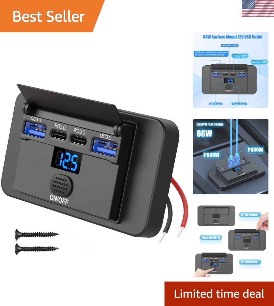 84W 4 Port 12V USB Outlet Surface Mount with Voltmeter, 36W PD and Dual 18W Q...