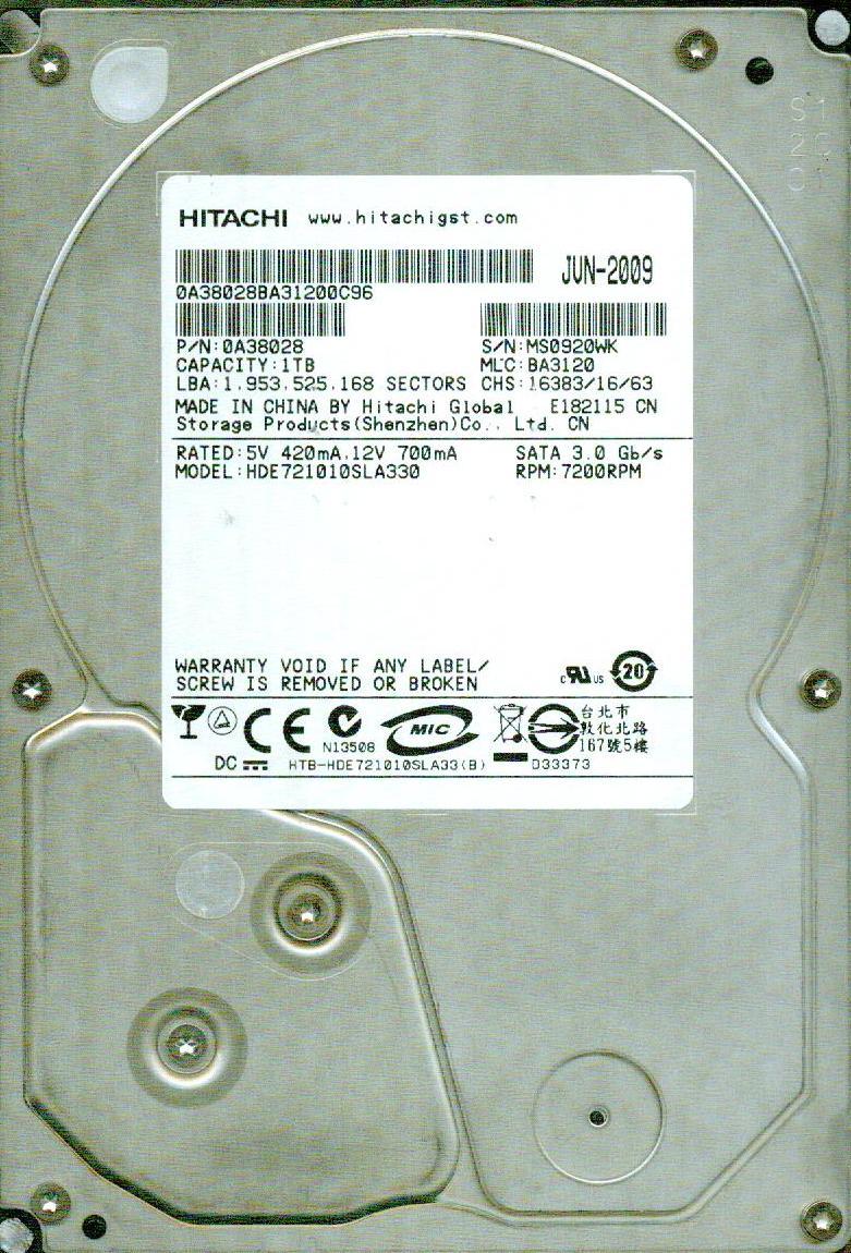 HDE721010SLA330,  P/N: 0A38028, MLC: BA3120  HITACHI SATA 1TB 