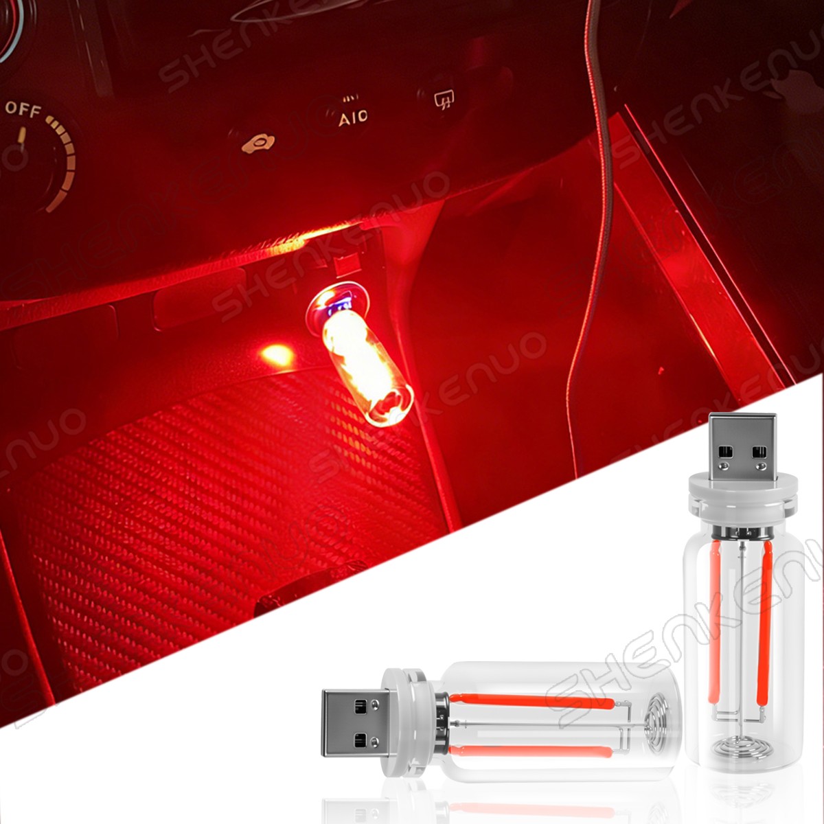2PCS Car USB Night Light Touch Dimmable LED Filament Lamp, Mini Glass Red