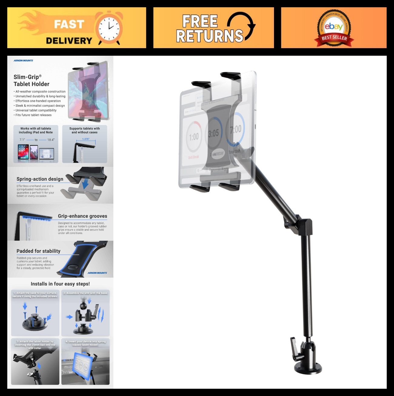 Heavy-Duty Drill-Base Tablet Mount with 22" Adjustable Arm, Universal Fit for iP