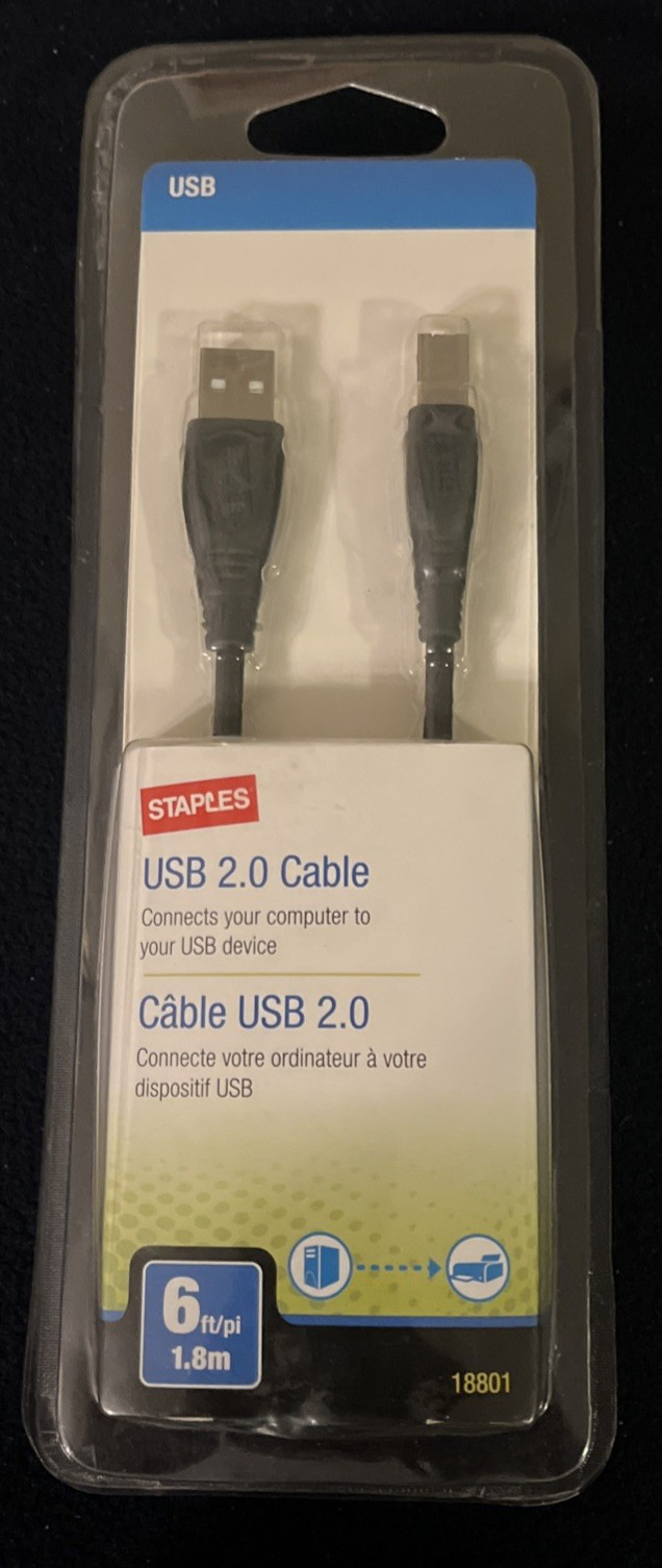 Staples USB 2.0 Cable – 6 FT (1.8M) – Model 18801 – High-Speed Connectivity