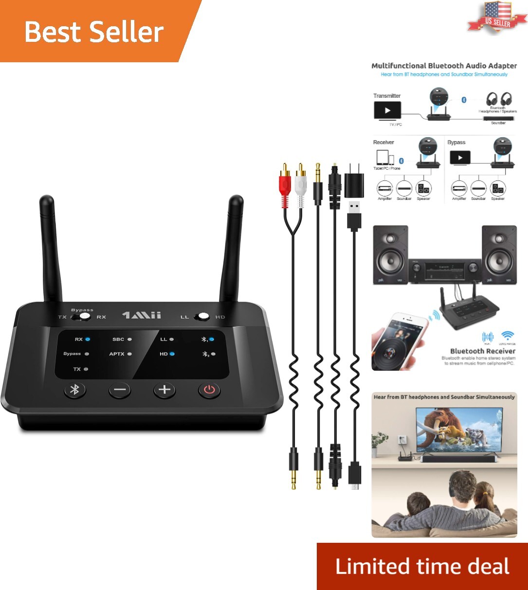 Versatile Bluetooth 5.3 Audio Adapter - Dual Headphone Streaming & Wired Outputs