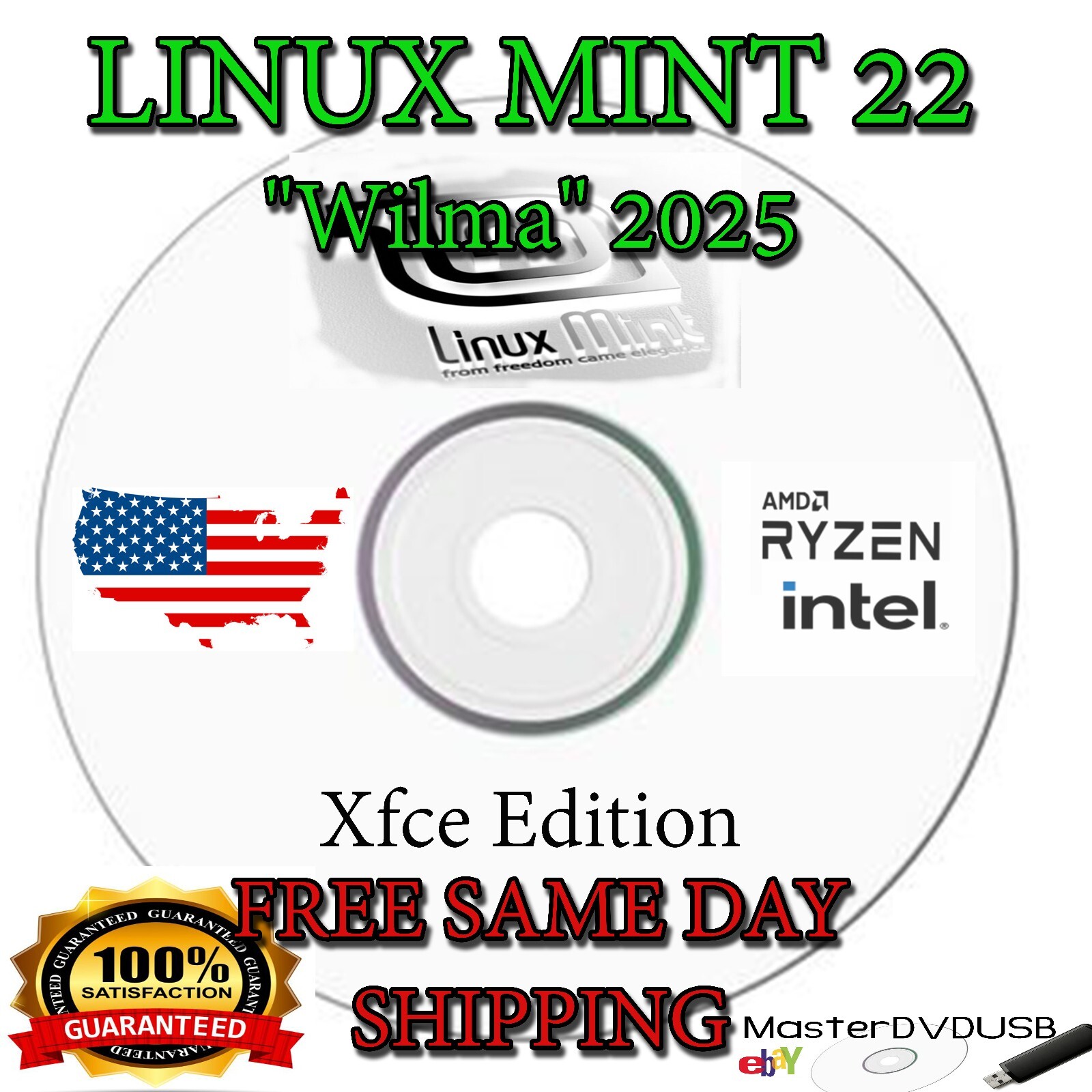 Linux Mint 22 "Wilma" 2025 XFCE Edition Boot-able DVD Same Day Shipping Cali USA