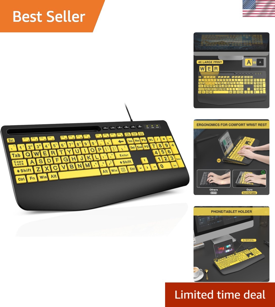 Large Print Computer Keyboard, Wired with Wrist RestYellow+Black | USB High C...