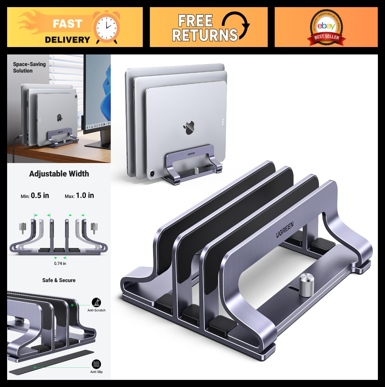 Adjustable 3-Slot Vertical Laptop Stand Holder for MacBook, Dell, HP, Lenovo - U