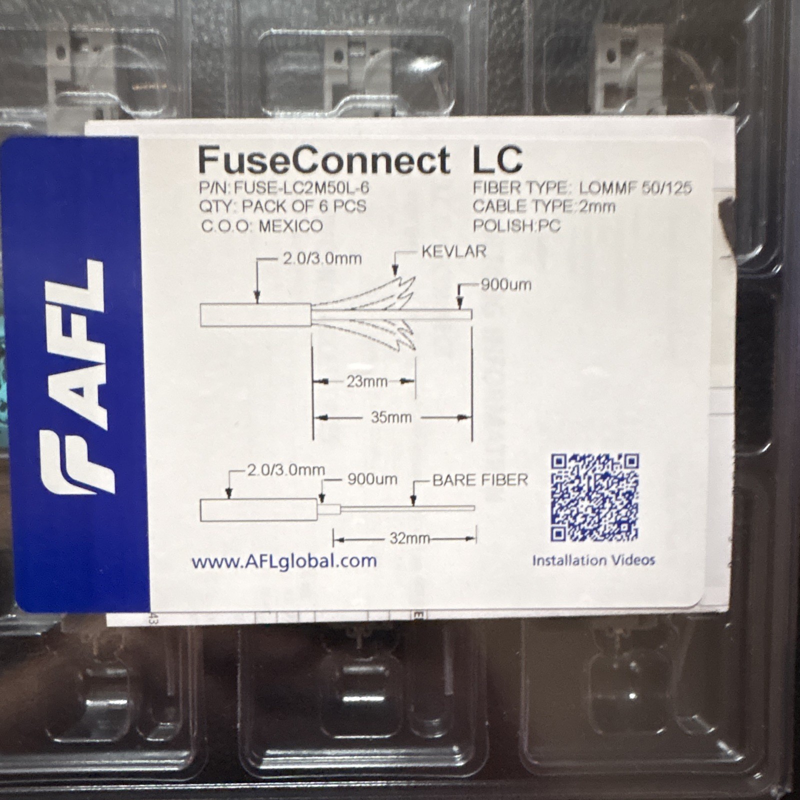 6-Pack of AFL FuseConnect LC OM4 Multi-Mode 50/125 Optical Fiber Connectors