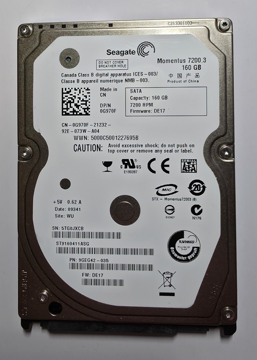 Hard Drive HDD 2.5" 160GB SATA Seagate Momentus 7200.3 ST9160411ASG 16MB