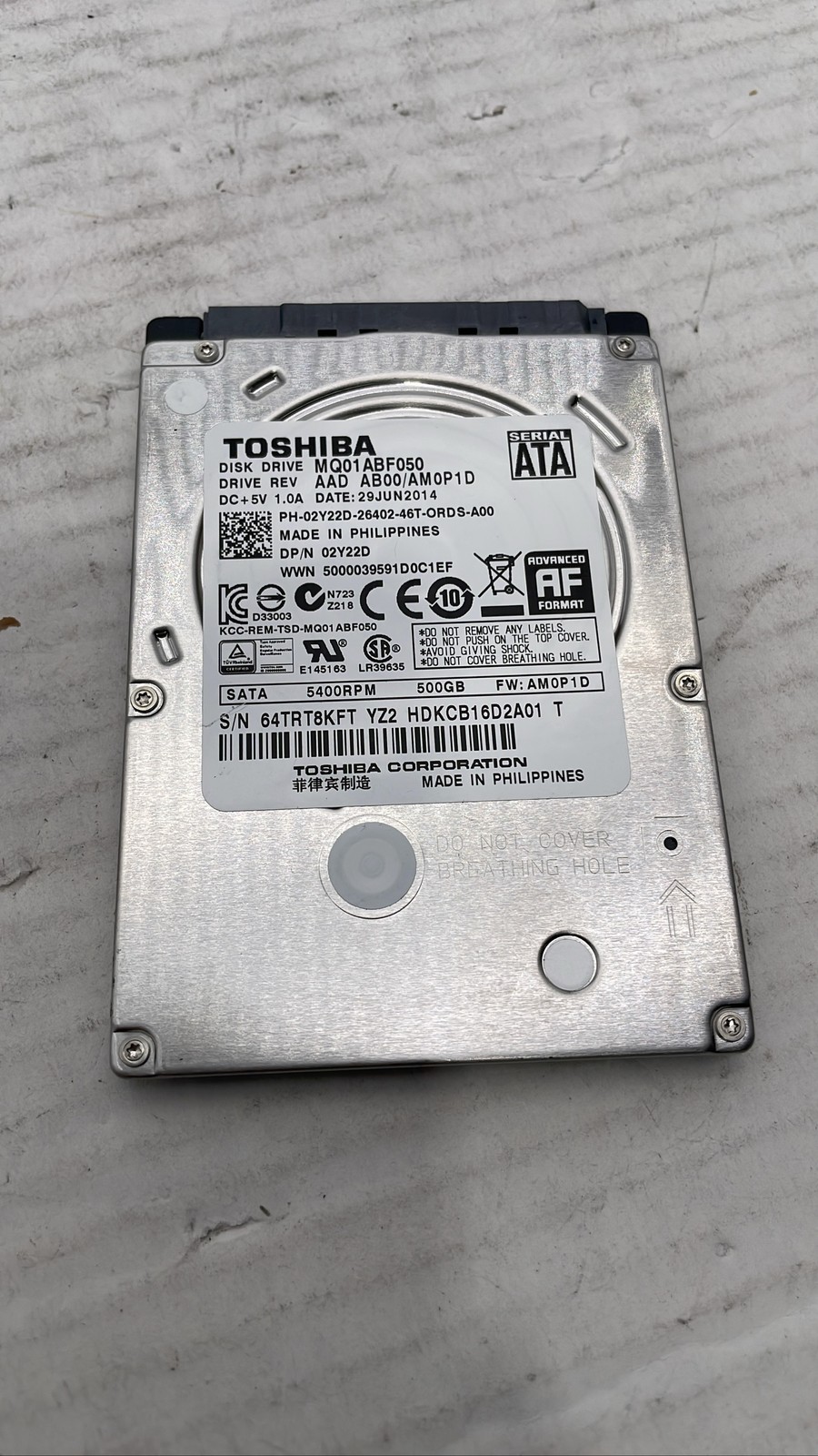 Toshiba MQ01ABF050 5400RPM 500GB 7mm Slim 2.5" SATA Laptop Hard Drive HDD