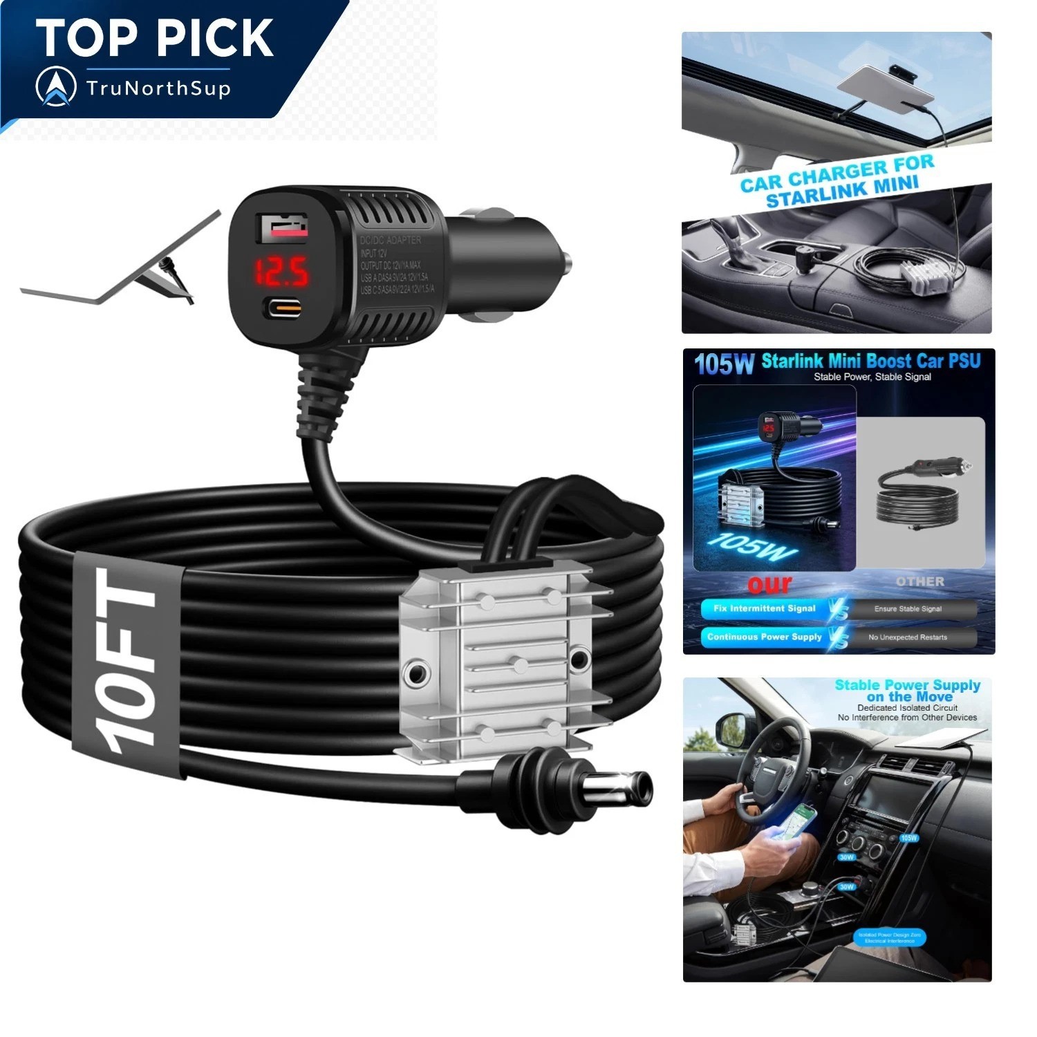 Starlink Mini Car Adapter 105W Boost 12V-24V to 30V for RV, Truck, Marine