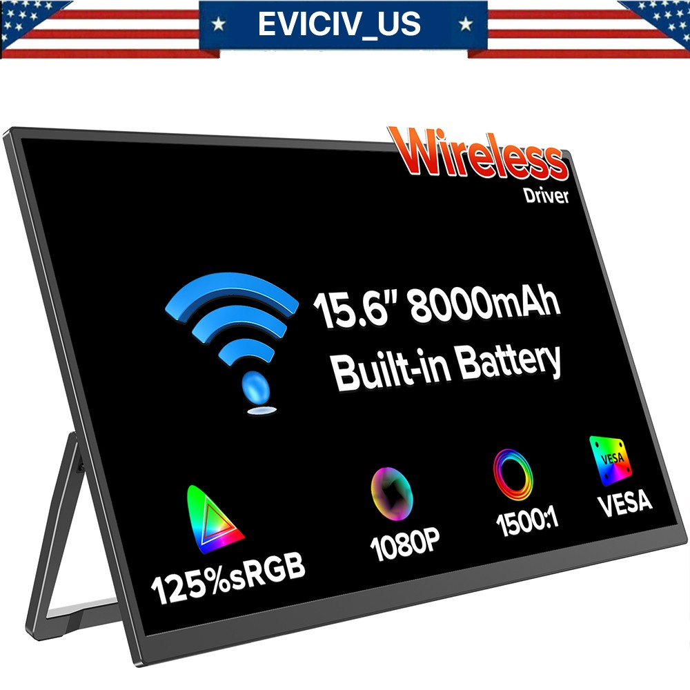 EVICIV 15.6'' Wireless 100%s RGB Portable Monitor USB C HDMI Screen for Computer
