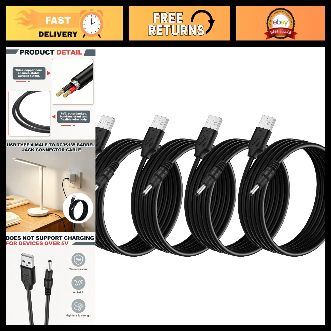 4pcs USB to DC Power Cable 3.5x1.35mm 5V 3A Male Connector 1.5m/5Ft Length