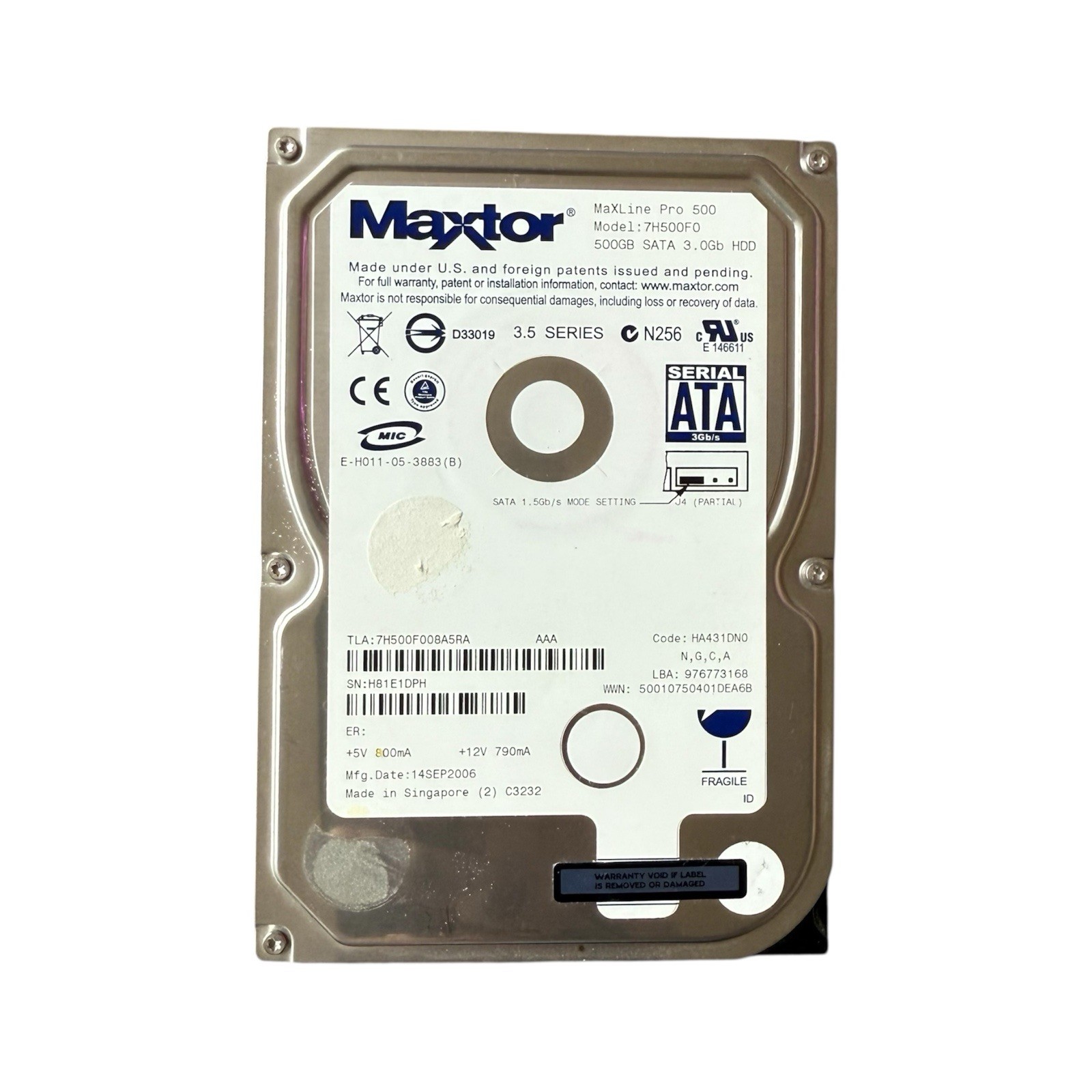 Maxtor MaxLine Pro 7H500F0 500G 7200RPM SATA 3.5" Hard Drive - Tested