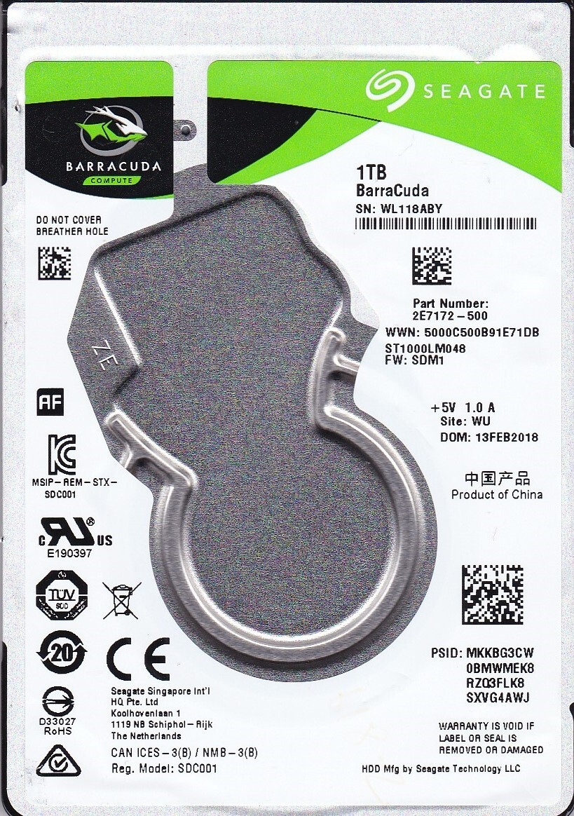 ST1000LM048 p/n: 2E7172-500 s/n: WL1 f/w: SDM1 FEB/ 2018 WU 1TB SATA 2.5 SEAGATE