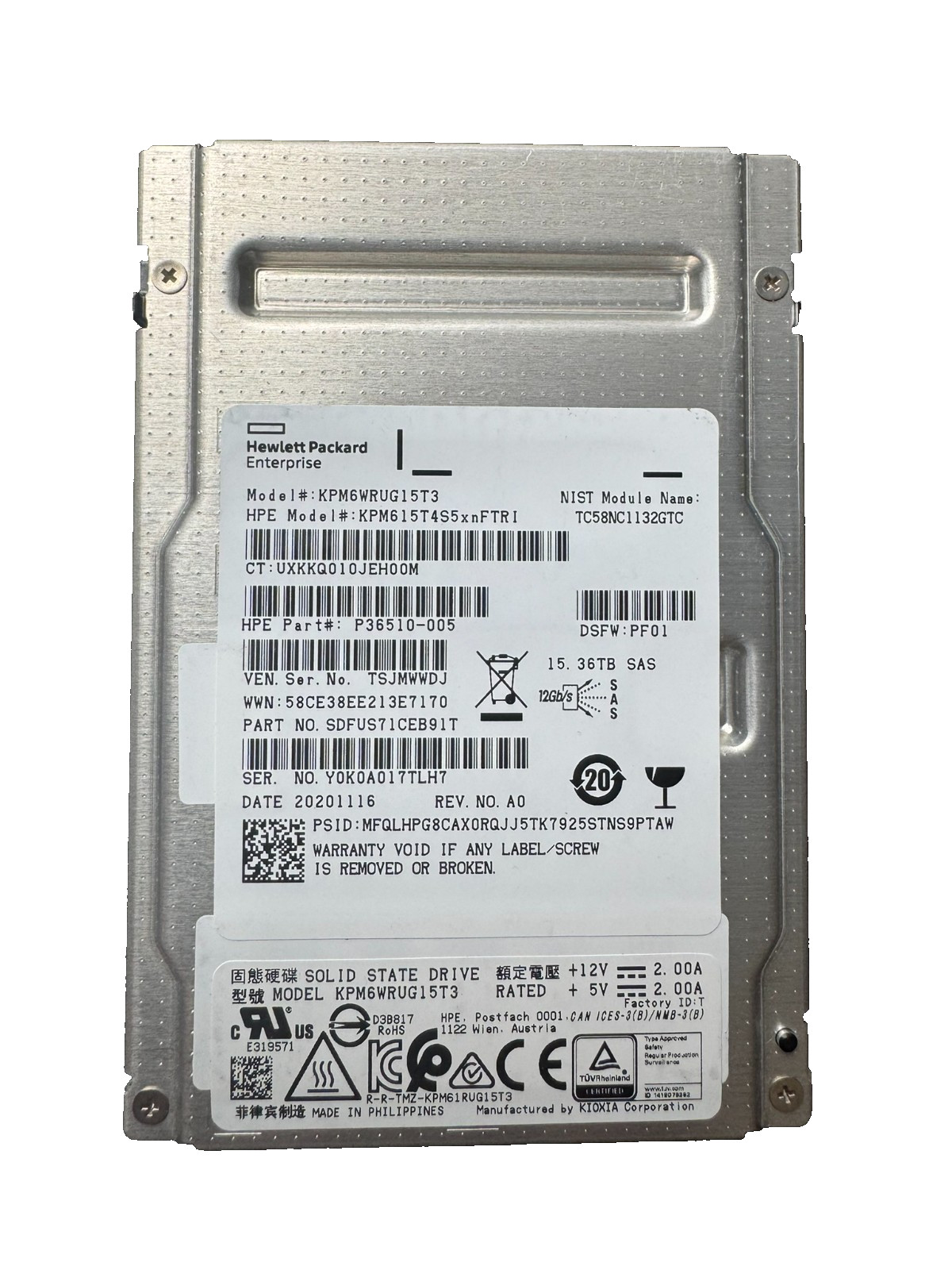 HPE Toshiba/KIOXIA 15.36TB 2.5" SAS SSD/12Gpbs/512b/s/VERY Low HOURs/94% HEALTH