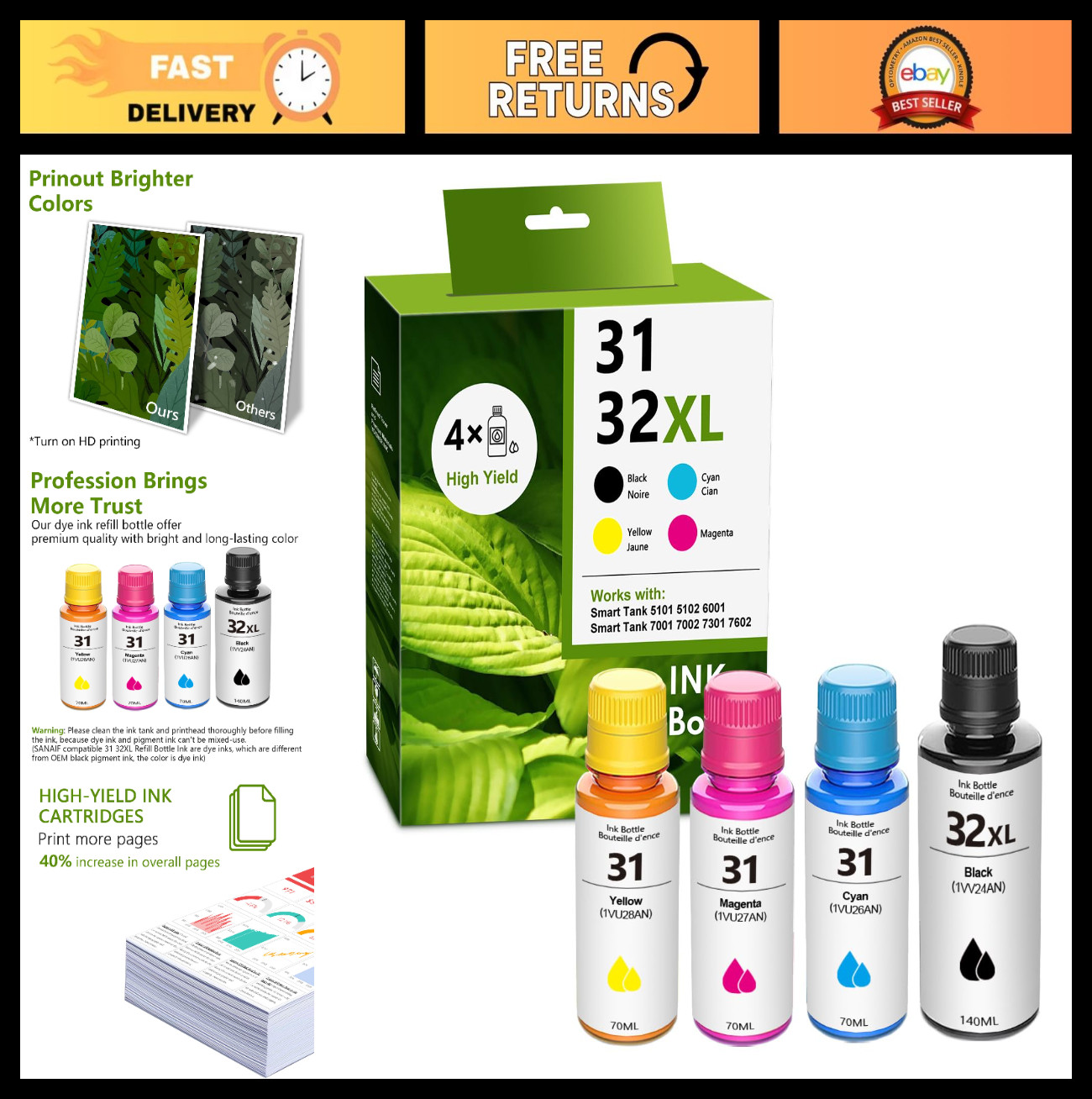 High Yield 32XL/31 Black Cyan Yellow Magenta Ink Cartridge Refills 4 Pack