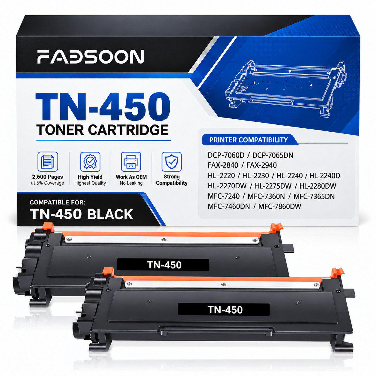 TN450 Toner Cartridge 2PK BK High Yield for MFC-7240 MFC-7360N MFC-7365DN 2PK
