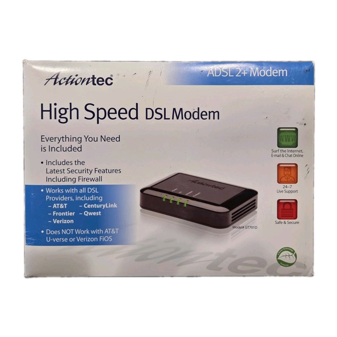 Actiontec GT701D ADSL 2+ High speed DSL Internet modem New Open Box